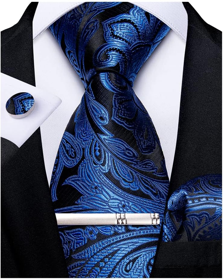 DiBanGu Paisley Ties for Men Silk Necktie and Pocket Square Cufflinks Tie Clip Set Woven Classic Mens Tie for Wedding Party - Image 1